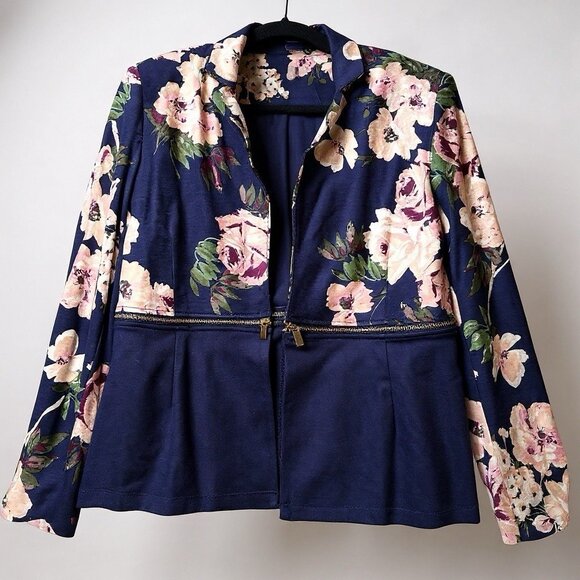 IMAN Navy Floral Peplum Zip Jacket Blazer M Global Chick Ponte Convertible - Picture 2 of 13